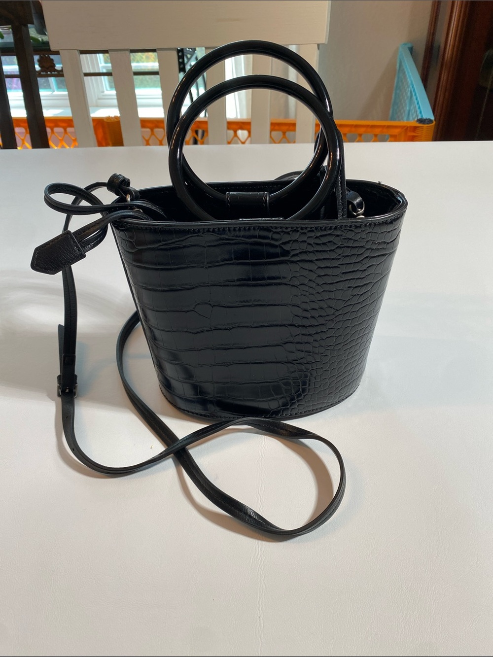 Black Croc-Embossed Mini Bucket Bag with Round Top Handles
